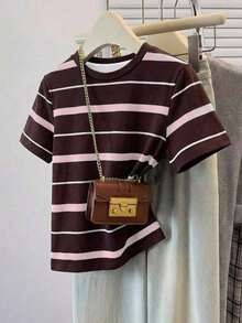 Camiseta de manga corta holgada con cuello redondo, estilo asimétrico a rayas, minimalista y casual, para mujer.Versátil y adecuada para primavera/verano y temporada deportiva - Multicolor 6 - Ver 1