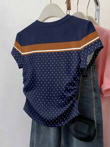 Set de 3 blusas de mujer con estampado de rayas, cuadros y gráficos, de manga corta y con efecto de cintura ceñida - Multicolor 11 - Ver 2