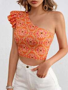 VCAY Parte superior asimétrica de punto impresa corta y entallada para mujer, ideal para vacaciones - Naranja - Ver 4