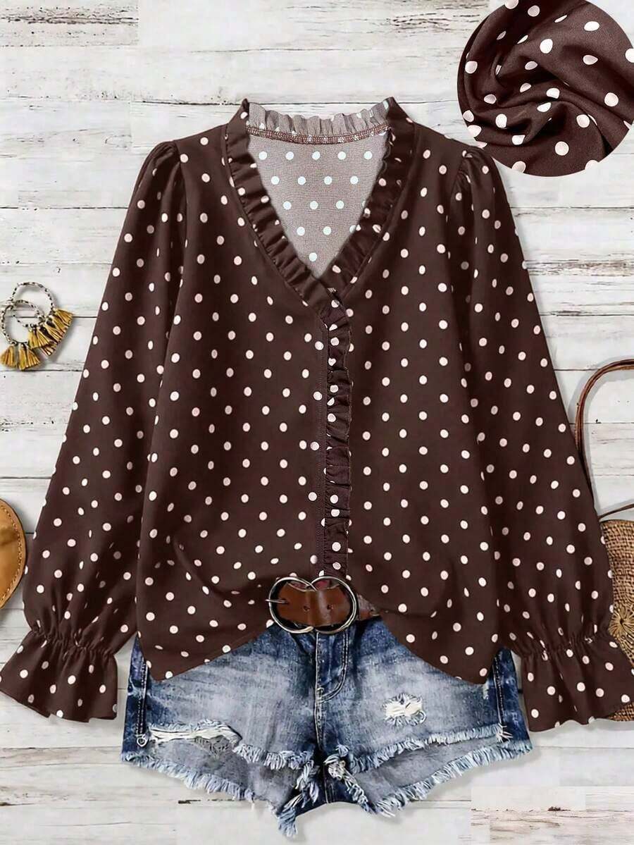 Camisa casual de manga larga con volantes y lunares de gasa, de talla grande, color marrón, adecuada para el ocio y las vacaciones de verano - Marrón - Ver 1