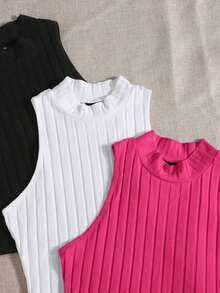Top de tanque casual sólido de cuello redondo acanalado para el verano - Rosa Fucsia - Ver 3