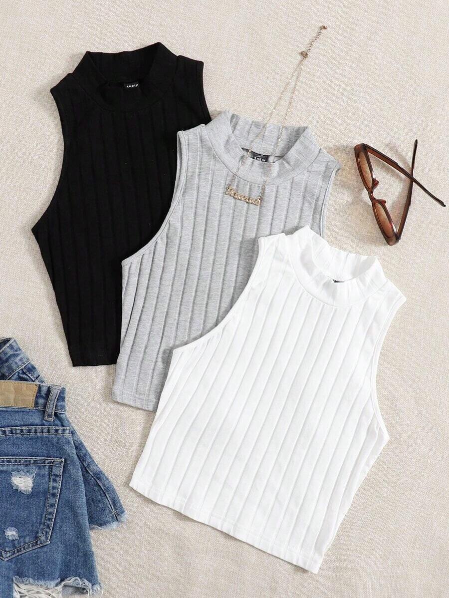 Top de tanque casual sólido de cuello redondo acanalado para el verano - Multicolor 2 - Ver 1