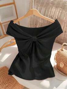 Camiseta de verano para mujer con cuello en V ajustado, mangas cortas que cubren los hombros, diseño jacquard de textura ondulada elegante francesa, color rosa, dulce y grácil, juvenil, uso versátil diario - Negro - Ver 4