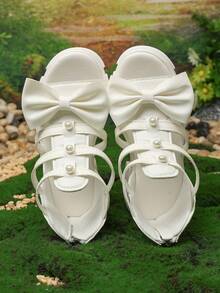 1 Pair Teenage Girls' White Thick-Sole Roman Style Princess Sandals, Solid Color Soft PU Woven + Shiny Pearl Bow Decor, Round Toe Open Toe Chunky Heel Comfortable Soft Bottom Non-Slip Rear Zipper Design, Fashion Sweet Princess Style Wedge Sandals, Suitable For Daily, School, Outing, Travel, Spring/Summer New Arrival - White - View 6