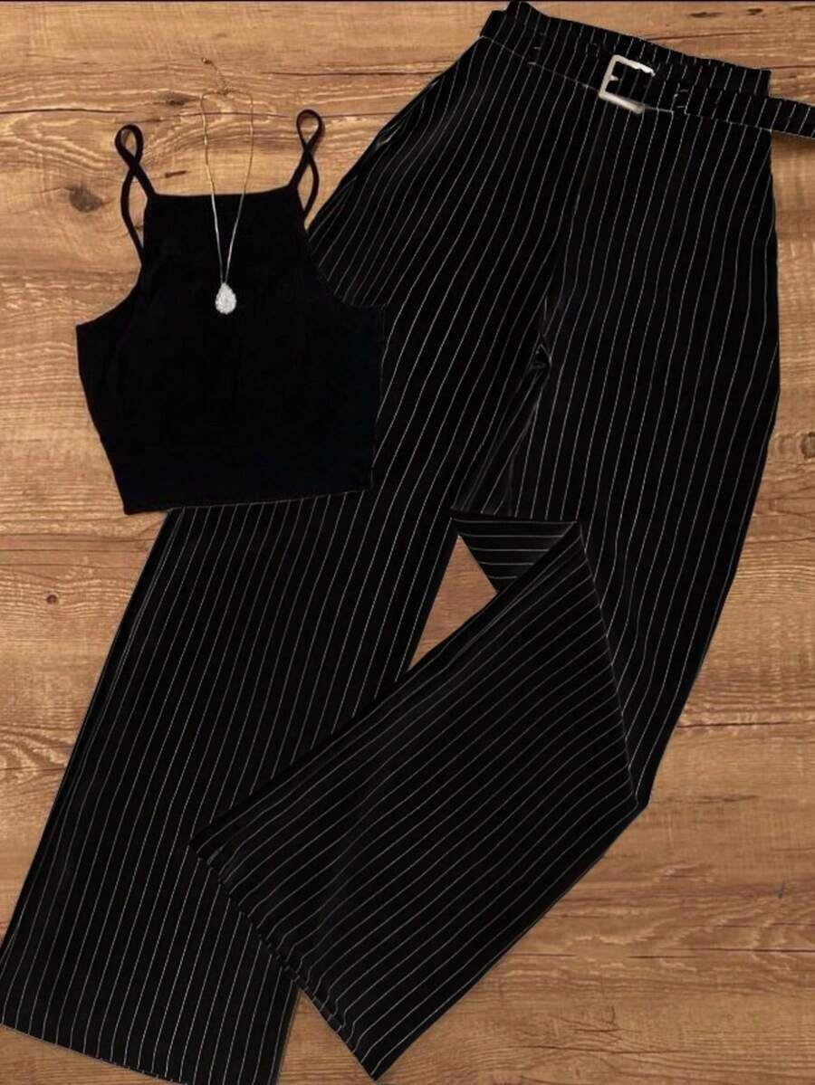 Conjunto elegante de top sin mangas casual/de oficina/de jardín con cinturilla a rayas y pantalones a rayas para mujer, para primavera/verano - Negro - Ver 1
