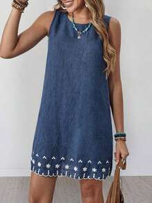 Vestido casual de verano para vacaciones en la playa, de algodón y lino con textura, color albaricoque, sin mangas y corte recto para mujeres - Azul y blanco - Ver 3