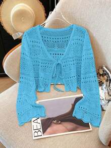 Top de punto nuevo de color sólido, cárdigan de encaje de ganchillo hueco, suéter de punto ligero y versátil para mujer. - Agua verde azul - Ver 6