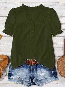 Blusa casual con cuello en V, volantes y mangas de pétalos acanalados para tallas grandes - verde militar 2 - Ver 4