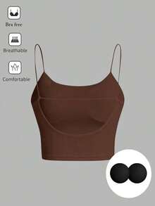 Camiseta de tirantes finos de un solo color simple, uso casual de todos los días para mujeres - Marrón - Ver 8