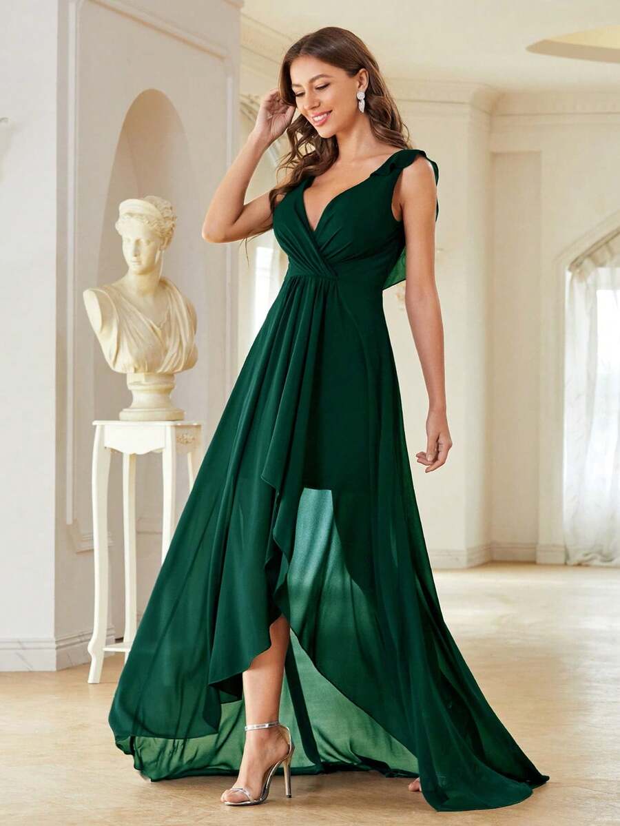Vestido de dama de honor elegante de gasa con drapeado asimétrico para boda de primavera - Verde Oscuro - Ver 1