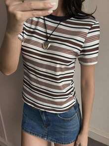 Camiseta de mujer de manga corta, cuello redondo y rayas, informal, para otoño - Café integral - Ver 6