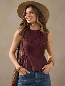 in mangas estilo BOHO vintage casual de estilo campestre americano, uso básico diario para otoño/invierno - Burdeos - Ver 1