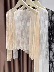 1pc Black & White Sheer Mesh Lace Floral Kimono Cover Up, Long Sleeve Cover Up - Multicolor - View 5