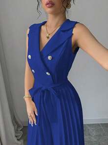 Mono plisado con diseño de chaleco cruzado elegante para mujer, color albaricoque, para primavera y otoño - azul real - Ver 4