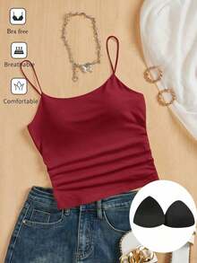 Camiseta ajustada con cuello redondo, almohadilla en el pecho y transpirable.Camisola básica para mujer sin sujetador - Rosa Roja - Ver 1