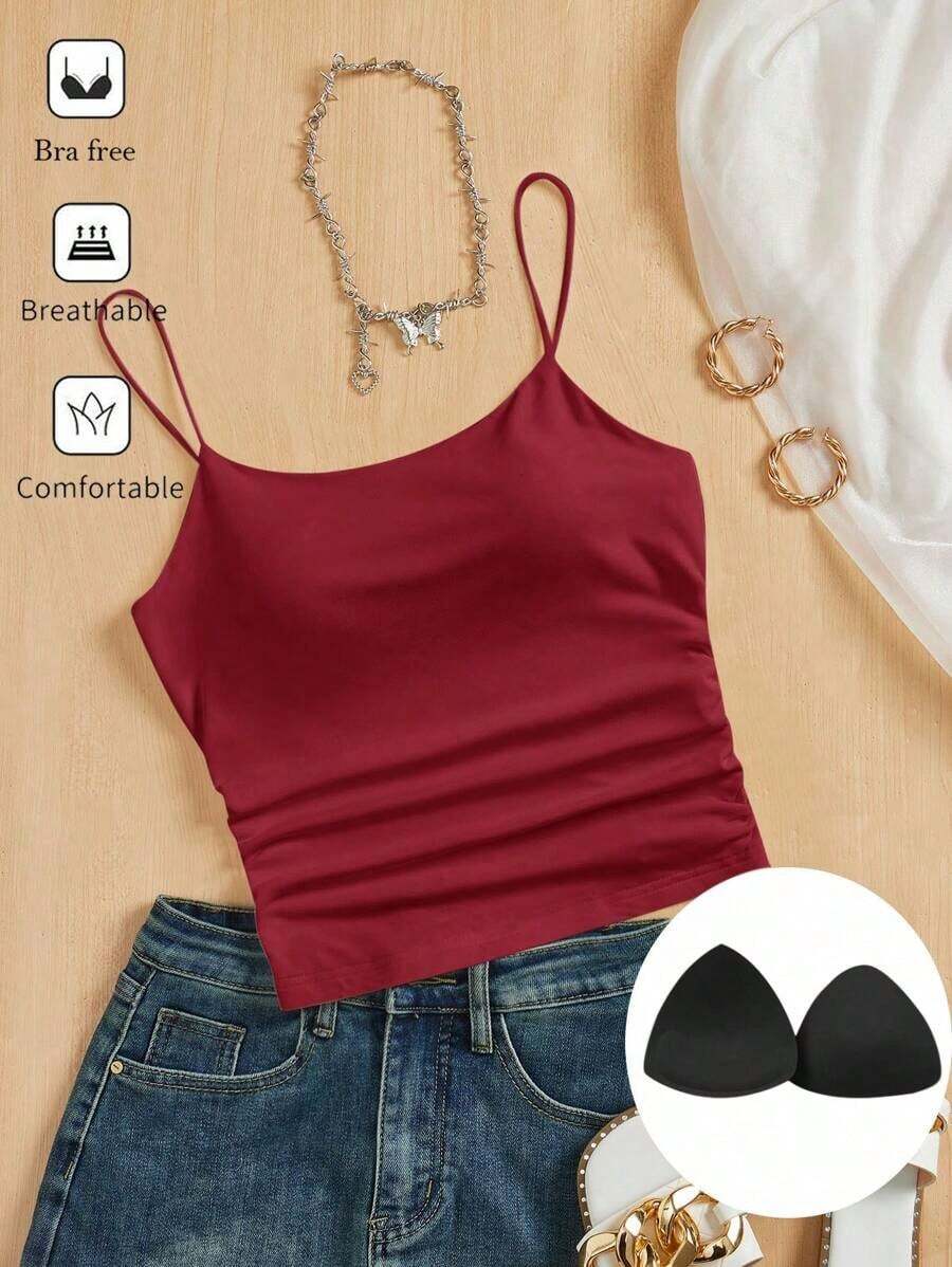 Camiseta ajustada con cuello redondo, almohadilla en el pecho y transpirable.Camisola básica para mujer sin sujetador - Rosa Roja - Ver 1