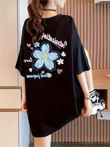 Modern Basic Graphic Floral T-Shirt, Comfortable Urban Casual Style For Going Out And Everyday Wear, Black, One Size, Youth Fashion Category, Popular 2023 - 黑色 - 查看 1