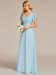 Vestido de dama de honor con cuello en V elegante, mangas con volantes y mariposa, color verde salvia, vestido de invitada de boda, vestido de primavera semi-formal para boda, fiesta de cumpleaños, graduación, Día de San Valentín - Celeste 2 - Ver 4