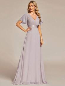 Vestido de dama de honor con cuello en V elegante, mangas con volantes y mariposa, color verde salvia, vestido de invitada de boda, vestido de primavera semi-formal para boda, fiesta de cumpleaños, graduación, Día de San Valentín - Púrpura malva - Ver 3