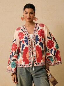 Camisa casual versátil de uso diario con estampado floral y nudo delantero para mujer de talla grande - Multicolor 5 - Ver 6