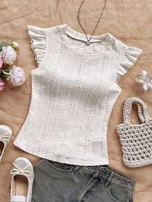 2 piezas Conjunto con Camiseta de Punto Blanco Acanalado con Volantes WYWH y Camiseta Sólida de Color Cereza, Estilo Bohemio, Boho, Floral Romántico, Vacaciones, Estilo Floral para Fiesta, Cita, Día de San Valentín, Pascua, Carnaval, Té de la Tarde - Beis - Ver 4