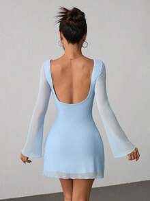 Vestido de malla con mangas de trompeta y espalda descubierta, nuevo y sexy para principios de otoño - Celeste - Ver 6