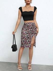 Frenchy Falda con estampado floral fruncido de muslo con abertura - Multicolor - Ver 4