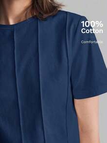 2026 Primavera/Verano Camiseta casual de mujer de manga corta con diseño de rayas de unicolor y cuello redondo, adecuada para el estilo casual urbano, la moda minimalista, el transporte urbano, la sencillez elegante, el Día del Maestro, la tela de p - Azul marino - Ver 4