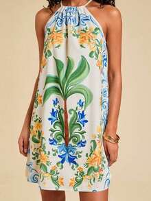 Vestido corto holgado con hombros al descubierto y estampado tejido para mujeres para vacaciones - Azul - Ver 3