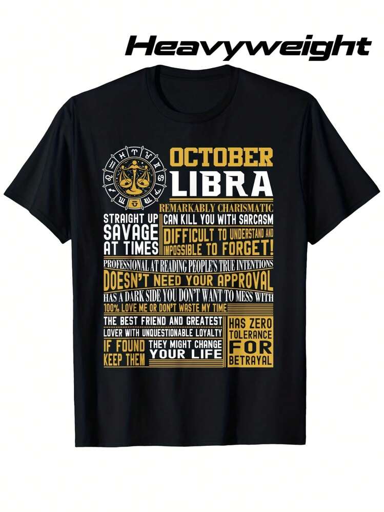 Camiseta del Zodíaco Libra de Octubre para Hombre y Mujer - 100% algodón puro, 180g de peso, cuello redondo, manga corta, con diseño de la carta estelar de Libra y rasgos de personalidad, disponible en tallas S-XXXL, se puede usar como regalo vintage de astrología, adecuada para cumpleaños y eventos temáticos, ropa casual para todas las estaciones. - Negro - Añade 1