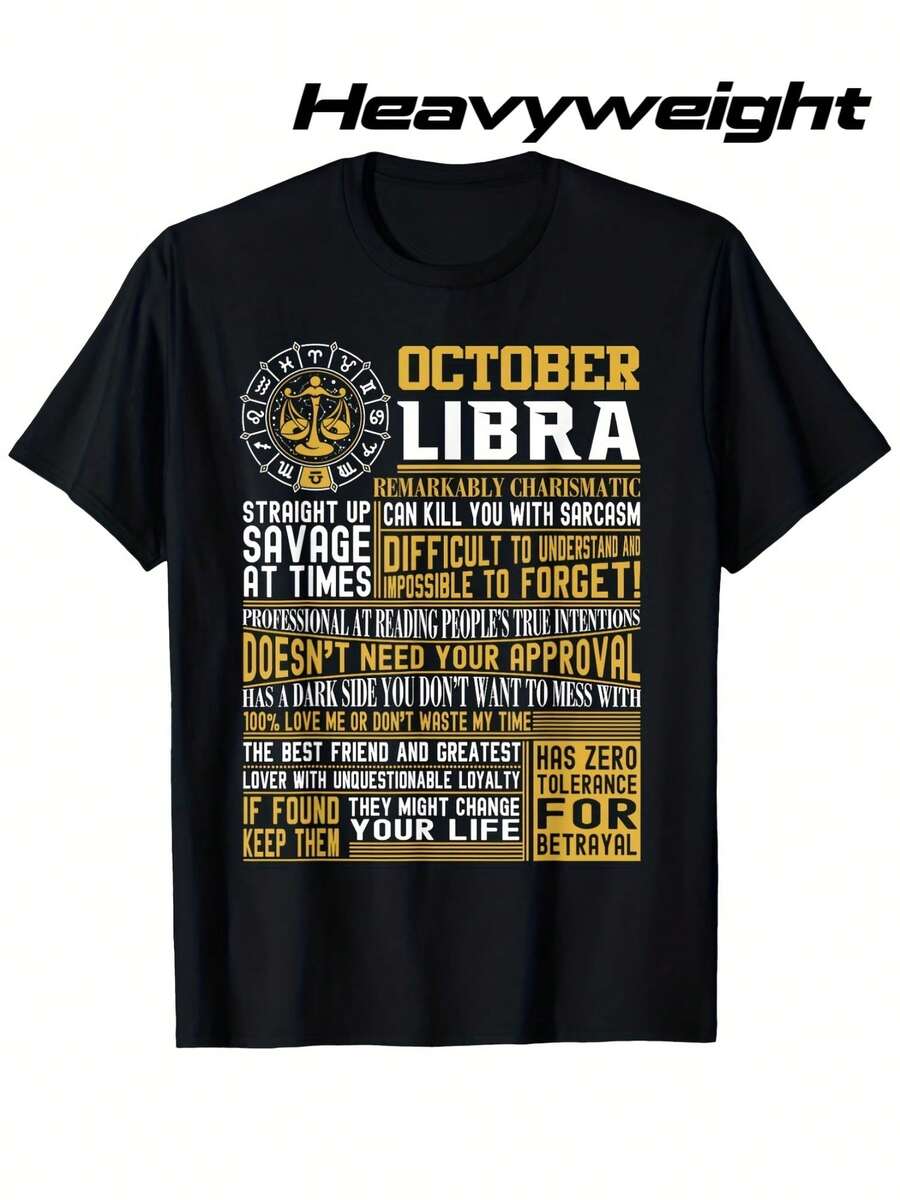October Libra Zodiac T-Shirt For Men And Women - 100% Pure Cotton, 180g Weight, Round Neck, Short Sleeve, With Libra Star Chart Design And Personality Traits, Available In Sizes S-XXXL, Can Be Used As A Vintage Astrology Gift, Suitable For Birthdays And Themed Events, Casual Wear For All Seasons. - 黑色 - 查看 1