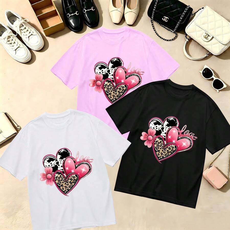 Choose One Of The Three Sets Women's T-Shirt Kawaii Heart Leopard Print 100% Cotton Oversized Soft Breathable Casual Crewneck Short Sleeve Top Retro Y2K Aesthetic Summer Vibes - 粉色 - 查看 1