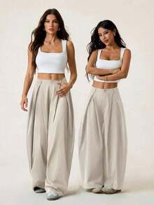 Pantalones anchos de verano con dobladillo curvo verde, estilo vintage, casual y para salir - Beis - Ver 6