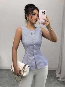 Camisa/chaleco sin mangas a rayas con botones dorados de diseño francés y versatilidad de moda - azul real - Ver 1