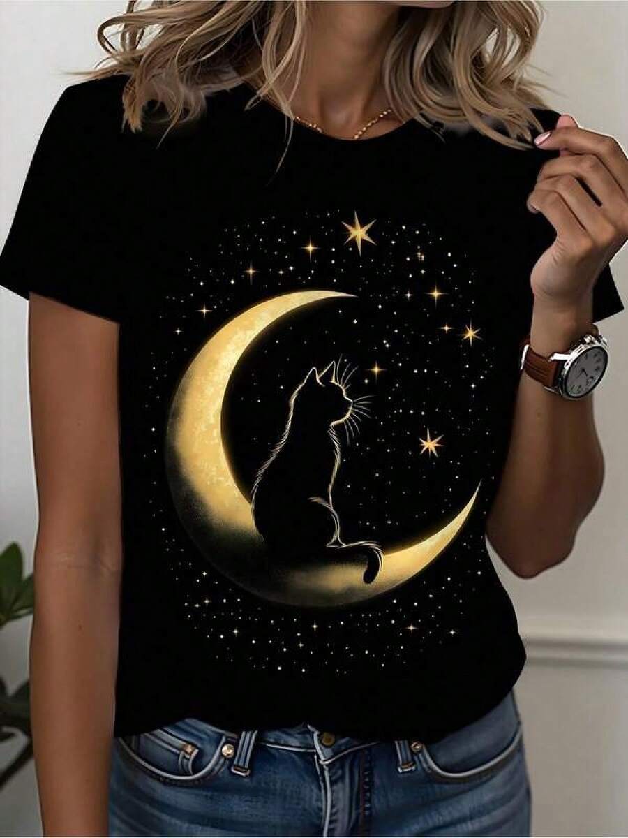 1 Piece Unisex Loose Fit T-Shirt 180g 100% Pure Cotton, Unique Y2K T-Shirt With Black Cat Design On The Golden Moon And Bright Stars, Perfect For Lovers Of Fashion And Mystery, Guaranteed Comfort, Ideal For A Casual And Stylish Look. - 黑色 - 查看 1