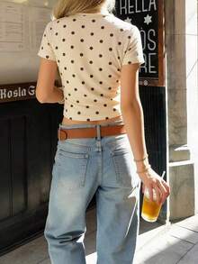 2026 Nuevo Llegada Suéter de Punto a Lunares Elegante para Mujer - Cuello Redondo Mangas Cortas con Botones Delanteros, Estilo Versátil Casual de Oficina Minimalista para Vacaciones - Multicolor 4 - Ver 2