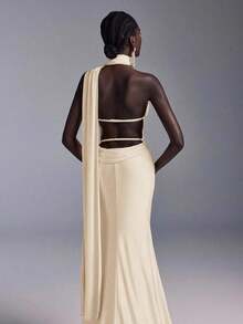 Vestido largo de sirena con espalda abierta y ajustado, de estilo minimalista, adecuado para asistir a fiestas formales, reuniones y galas formales de damas - Albaricoque - Ver 3