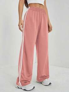 Pantalones casuales con rayas laterales negras, de estilo simple y de moda para uso diario, graduación, maestros y vuelta al colegio para mujeres - Rosa - Ver 4