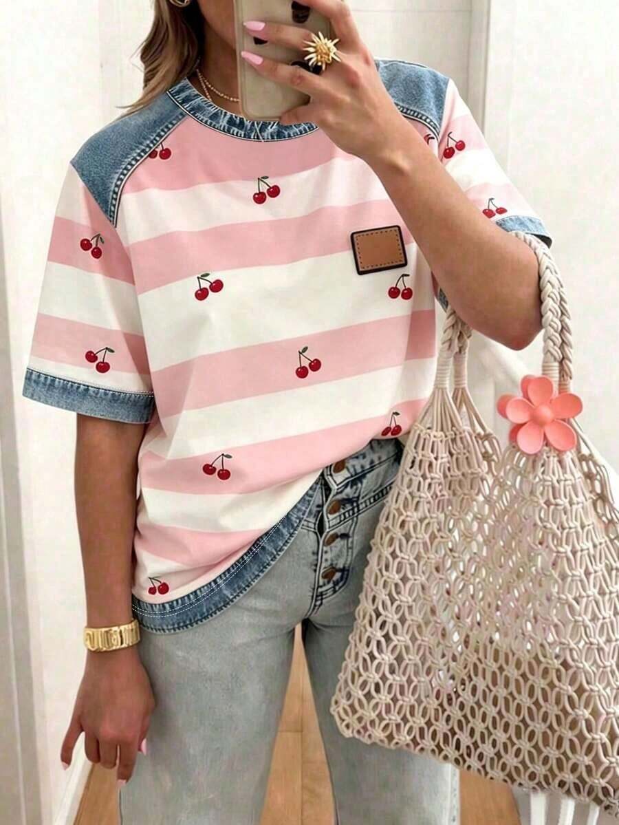 Camiseta casual versátil de mujer con cuello redondo, manga corta y diseño de rayas y patchwork - Multicolor 3 - Ver 1
