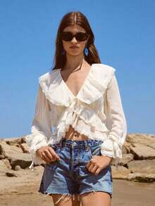 Blusa con botones y mangas con volantes con estampado floral de verano - Blanco - Ver 5