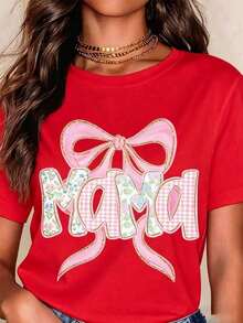 Camiseta con lazo de mamá para el Día de la Madre, diseño floral rosa, top casual para mujer, regalo para mamá, atuendos de Pascua para mujer, atuendos de regalo para el Día de la Madre, ropa de la Copa del Mundo, atuendo para el día del partido, camiseta oversize unisex de fútbol de EE. UU., atuendos de verano para mujer. Camiseta de algodón. - Rojo - Ver 10