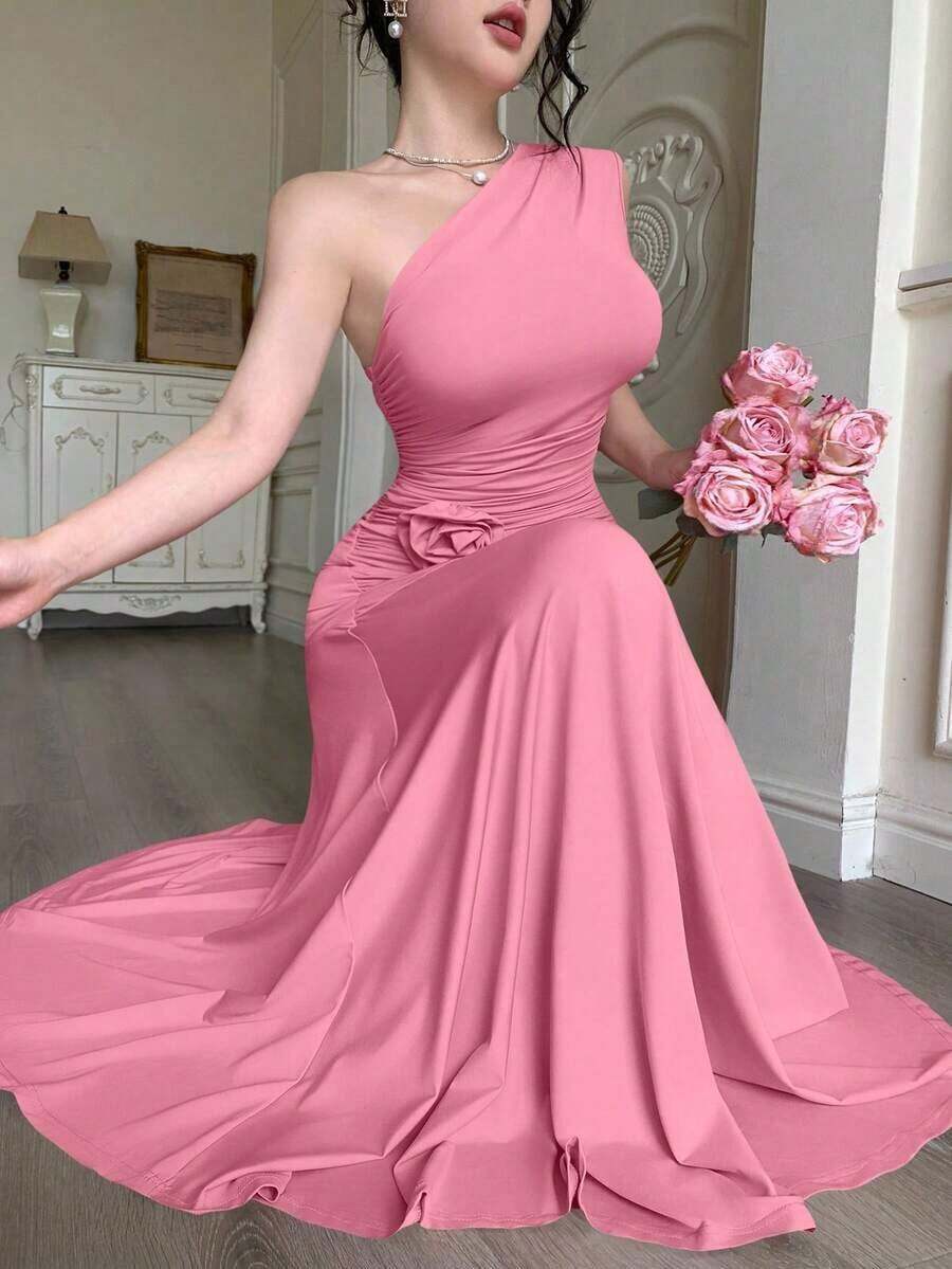 YHHModelyn 1 pieza Vestido de mujer sin mangas con pliegues y ajuste ceñido, de unicolorYHH - Rosa Fucsia - Ver 1