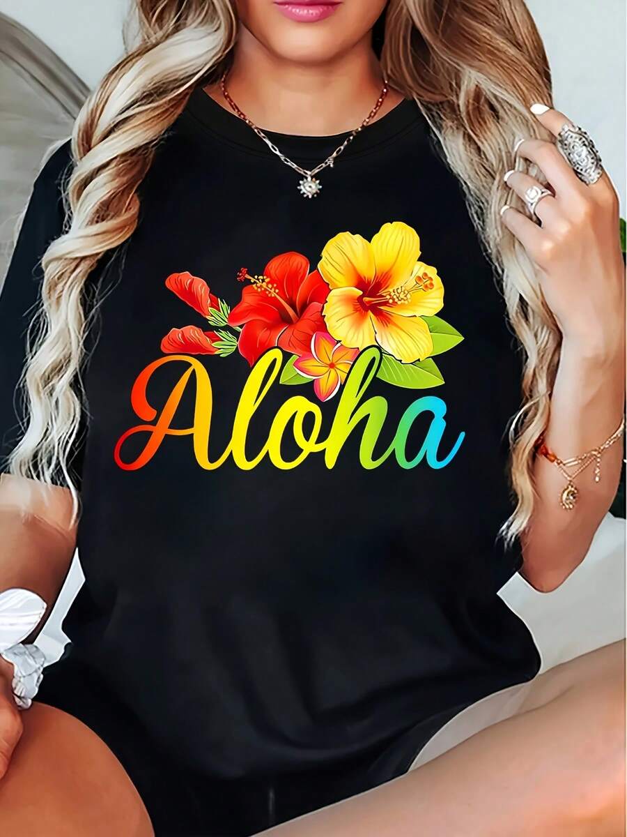 Vibrant Aloha Hawaiian Floral Print Short Sleeve T-Shirt - Tropical Hibiscus Design, Lightweight And Comfortable Fabric, Machine Washable, Perfect For Casual Wear, Women's Fashion, Everyday Comfort - 黑色 - 查看 1