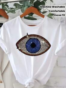Women's Blue Blouse With Geometric Eye Design - Short Sleeve Crew Neck T-Shirt With Eye-Shaped Design, Loose Fit, Ideal For Everyday Wear And Special Occasions, Machine Washable, Comfortable Clothing For Women - 黑色 - 查看 1