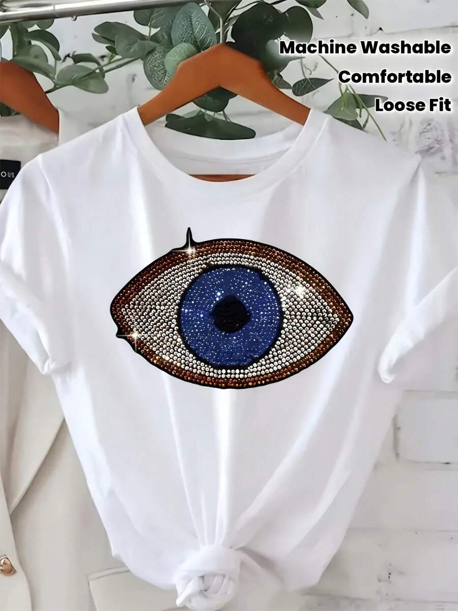 Women's Blue Blouse With Geometric Eye Design - Short Sleeve Crew Neck T-Shirt With Eye-Shaped Design, Loose Fit, Ideal For Everyday Wear And Special Occasions, Machine Washable, Comfortable Clothing For Women - 黑色 - 查看 1