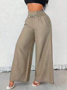 Women's Casual Wide-Leg Linen Pants With Metal Chain Detail, Autumn Style - 摩卡棕 - 查看 6