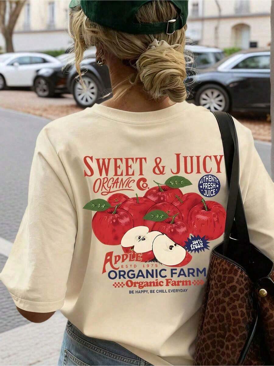 Top de verano estilo casual Y2K, camiseta suave 100% algodón puro, linda y divertida camiseta con estampado de frutas orgánicas y letras de dibujos animados para mujer. Adecuado para diversas ocasiones, como regalo para festivales, cumpleaños, festivales de música, uso casual, versátil y cómodo, para vacaciones en la playa, sencillo y a la moda, adecuado para el uso diario de mujeres y niñas. - Albaricoque - Ver 1
