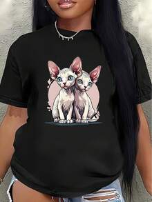 Camiseta de manga corta de poliéster, estampada con un lindo diseño de gato esfinge, ligera y duradera, adecuada para uso casual en casa o en una cafetería, hecha de tela estampada suave y cómoda, la primera opción para el uso diario.women's shirts - Negro - Ver 7