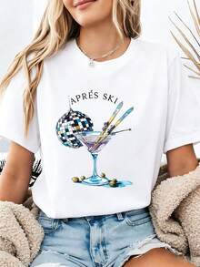 Camiseta casual de verano para mujer, con estampado de bola de discoteca y martini, estilo APRÈS SKI francés, cuello redondo, manga corta, primavera-verano. - Blanco - Ver 7