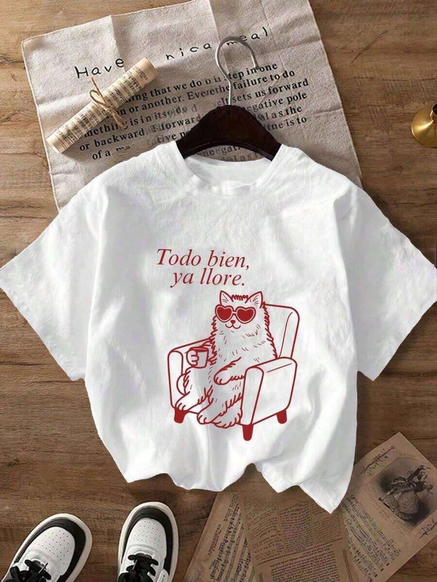 Plus Size T-Shirt With Cat Print "I've Cried Enough" Women's Casual Short Sleeve Summer White Blouse UXQV - 白色 - 查看 1